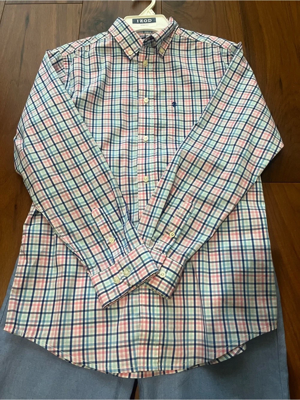 Izod Pink and Blue Plaid Stretch Button-Up Shirt with Blue Slacks